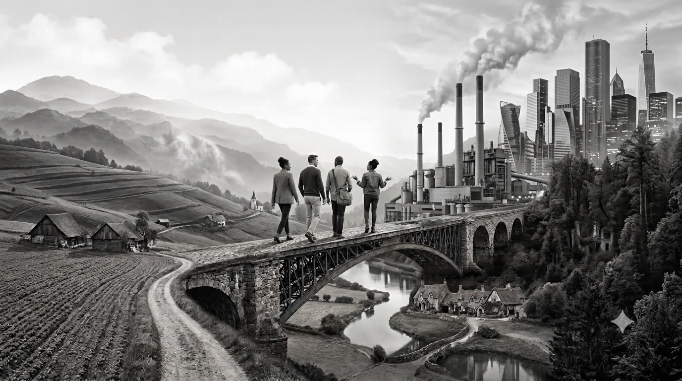 A monochrome landscape: farmland and a village on one side of a stone bridge, industry and a modern city skyline on the other, with four people walking across.